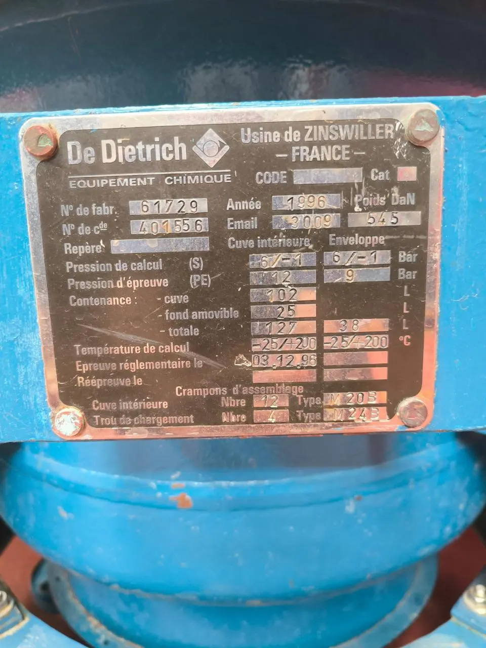 REACTOR ESMALTADO ATEX DE DIETRICH 127 LITROS CON CAMISA Y AGITACION - 5